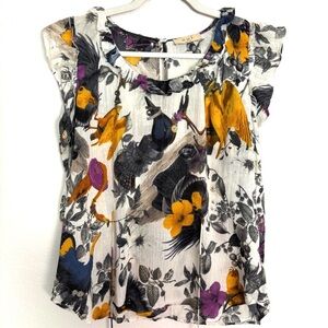 Oui Moody Floral Bird Print Cotton Sleeveless Top Women’s 8 Whimsy Artsy